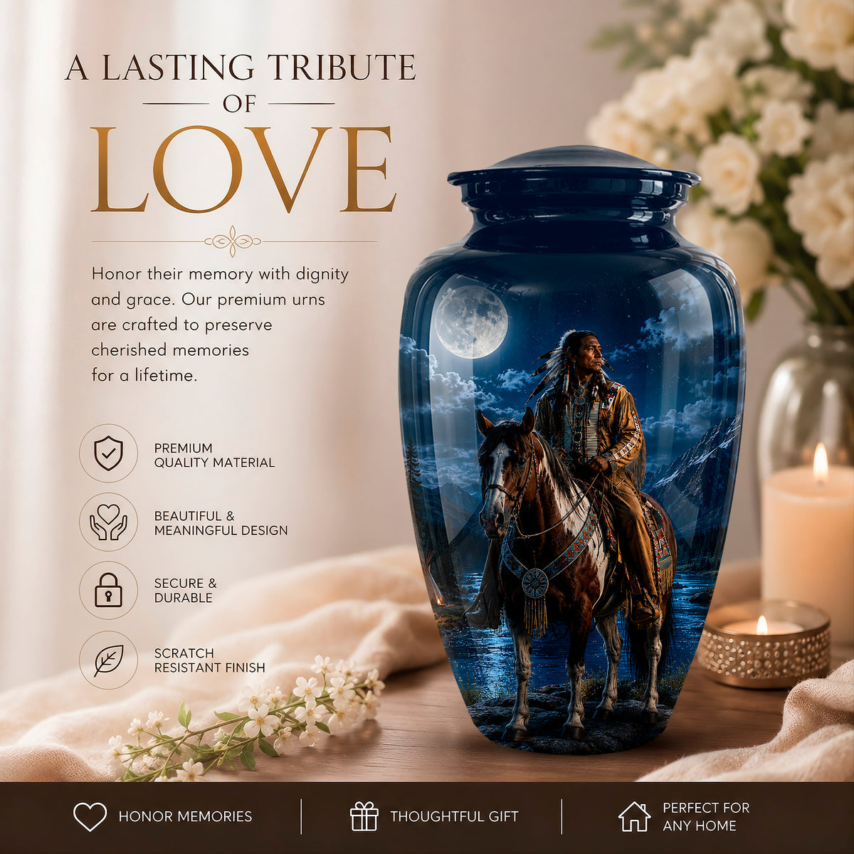 A dark blue ceramic memorial urn featuring a printed design of a cowboy riding a horse under a full moon, displayed on a wooden surface with a candle and flowers in a softly lit setting. Promotional text on the left reads 'A LASTING TRIBUTE OF LOVE' with product features listed below.
