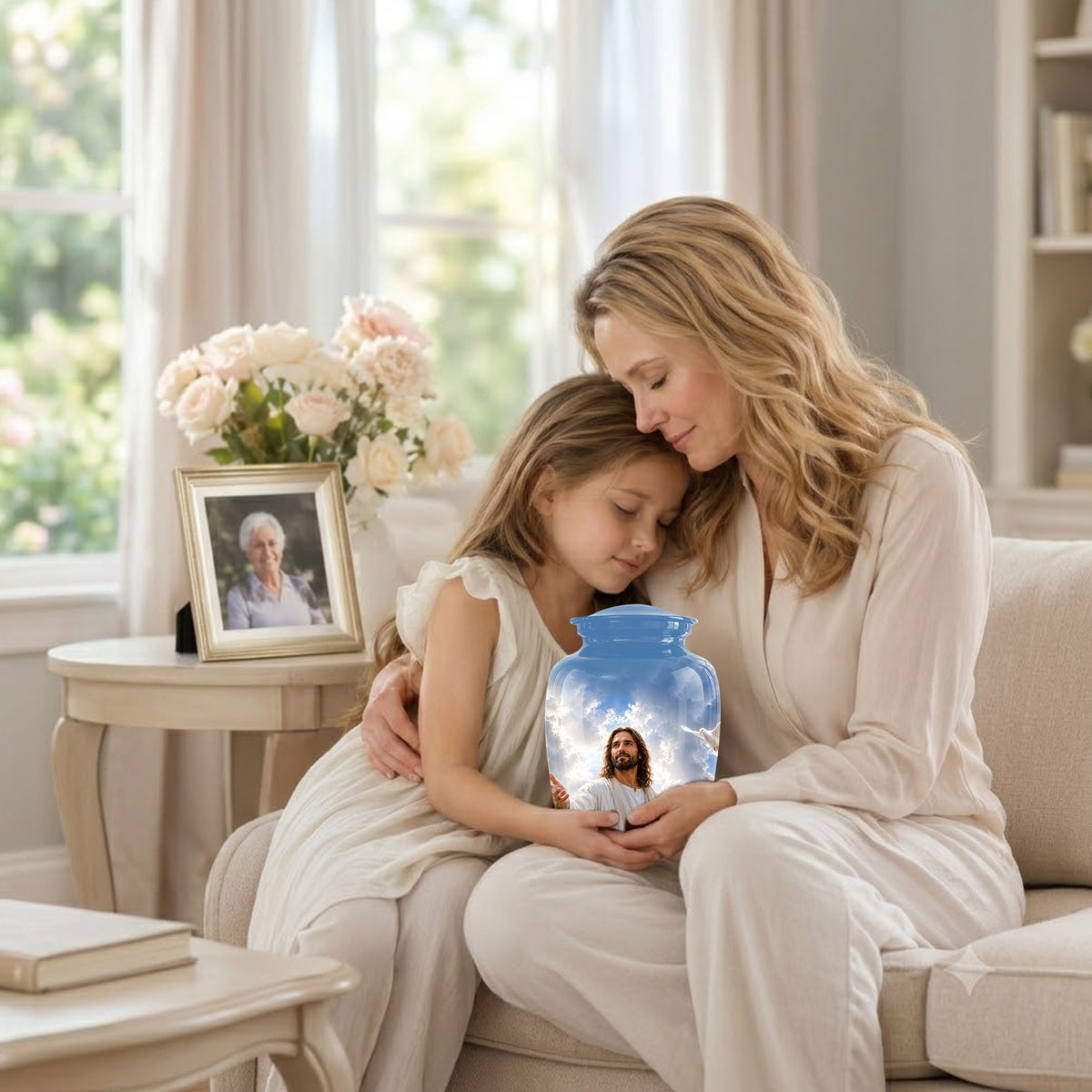 Personalized Jesus Cremation Urn - Blue Aluminum Urn For Spiritual Humans