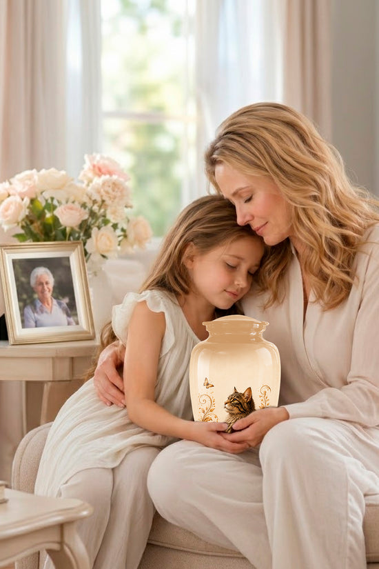 Custom Brown Memorial Cat Urn – Floral Aluminum Pet Ashes Cremation Urn