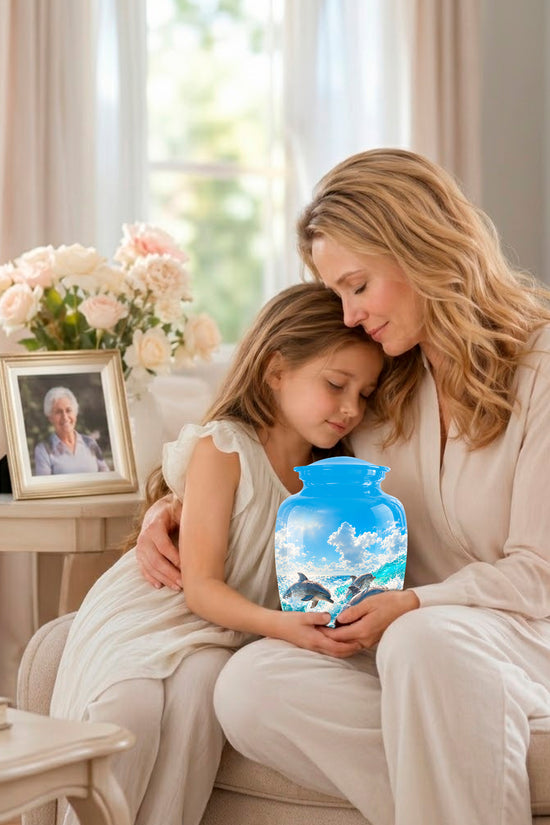 A woman and a young girl sit together on a beige sofa in a bright living room, holding a glowing decorative jar that shows a blue sky and dolphin scene. A framed photo and vase of flowers sit on a side table nearby.