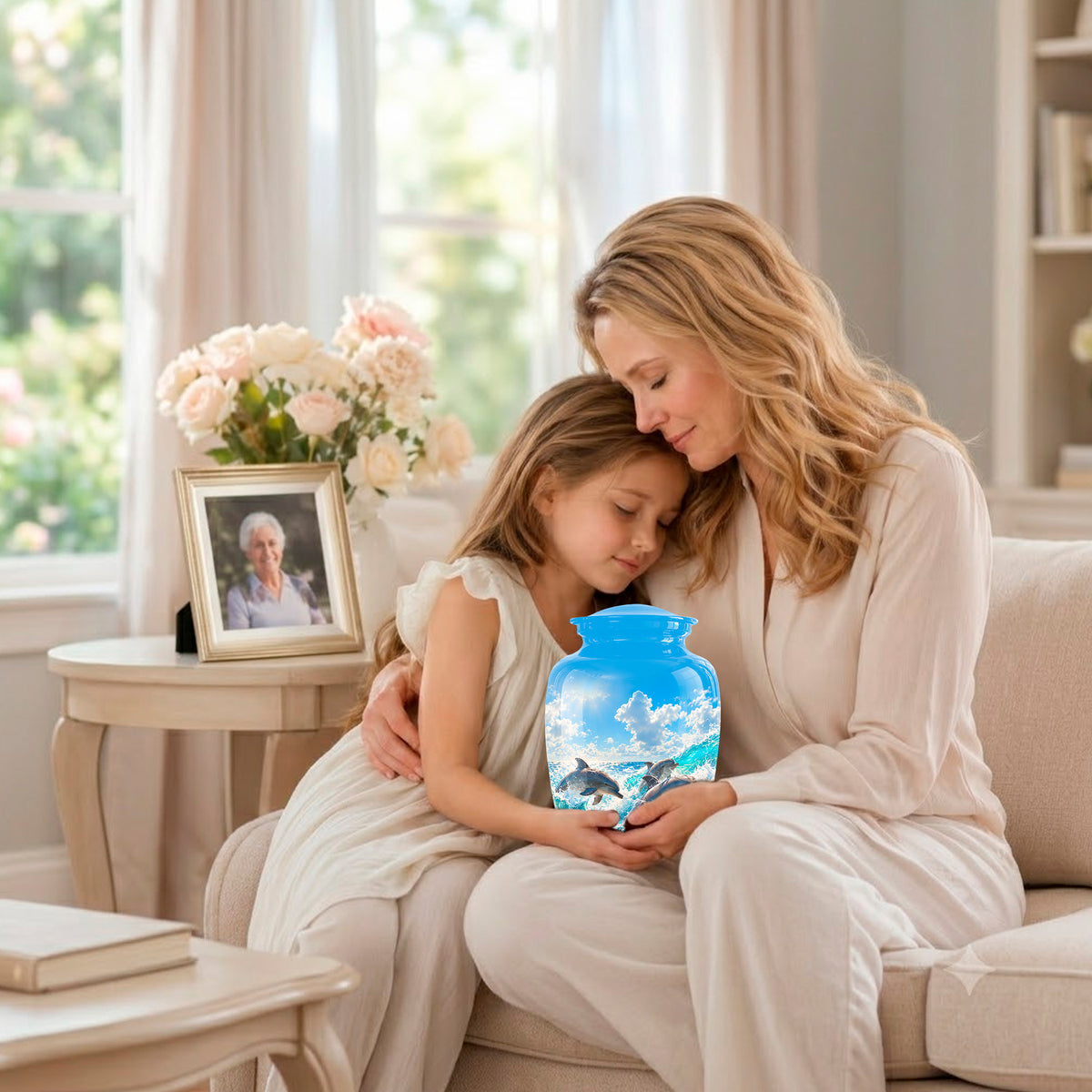 A woman and a young girl sit together on a beige sofa in a bright living room, holding a glowing decorative jar that shows a blue sky and dolphin scene. A framed photo and vase of flowers sit on a side table nearby.