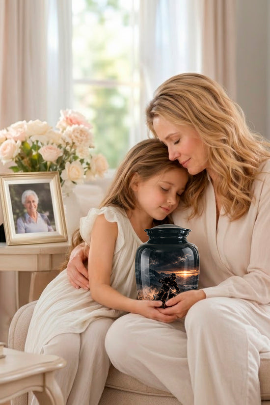 A woman and a young girl sit together on a light beige sofa in a bright, softly lit living room. The woman holds a dark glass jar with a printed sunset scene over a battlefield.