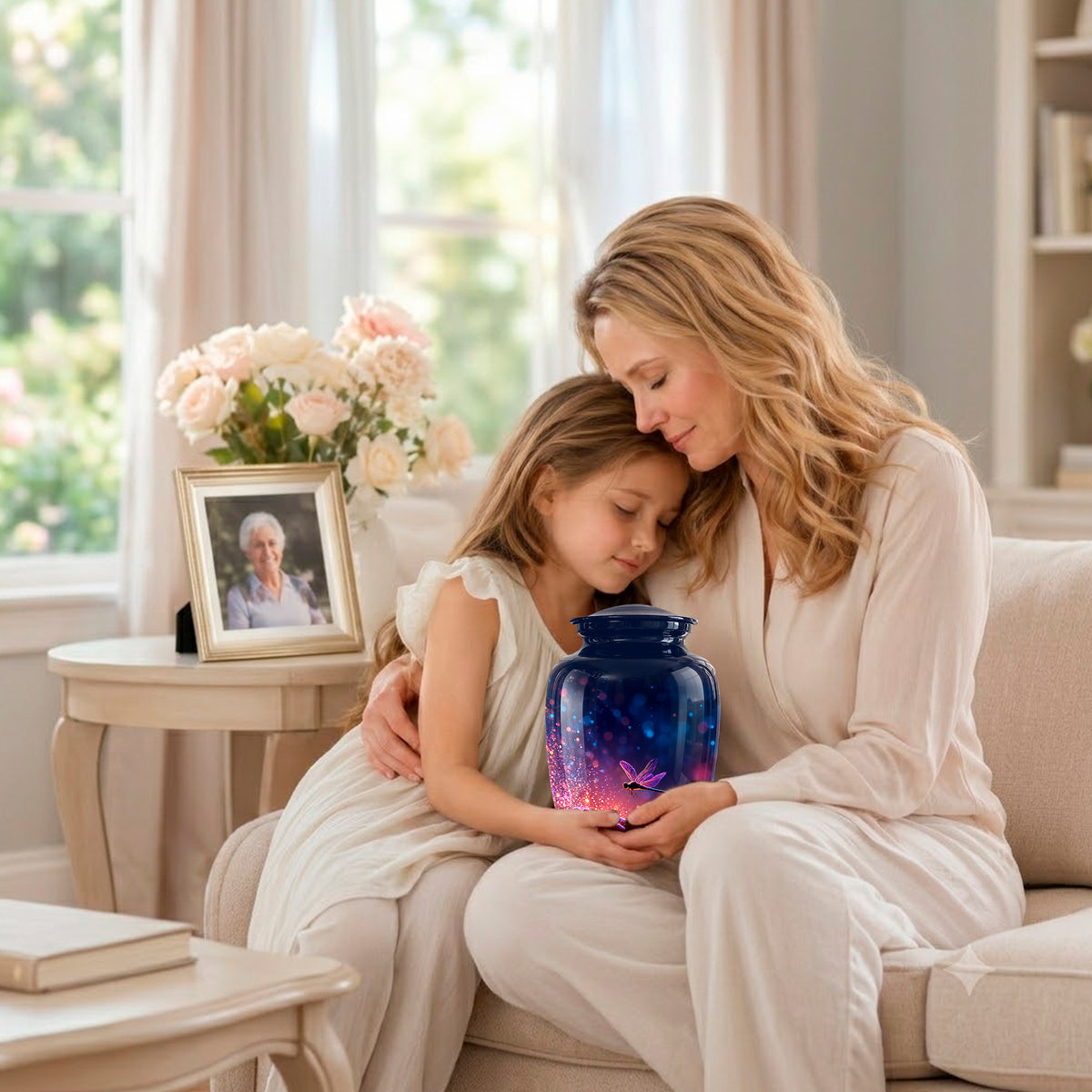 A woman and a young girl sit together on a beige sofa in a bright living room, holding a glowing blue jar that emits a purple light. A framed photo of an elderly woman sits on a side table next to them.