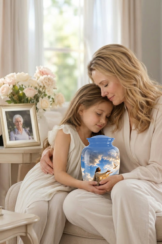 Personalized Jesus With White Dove Urn - Blue Aluminum Cremation Urns