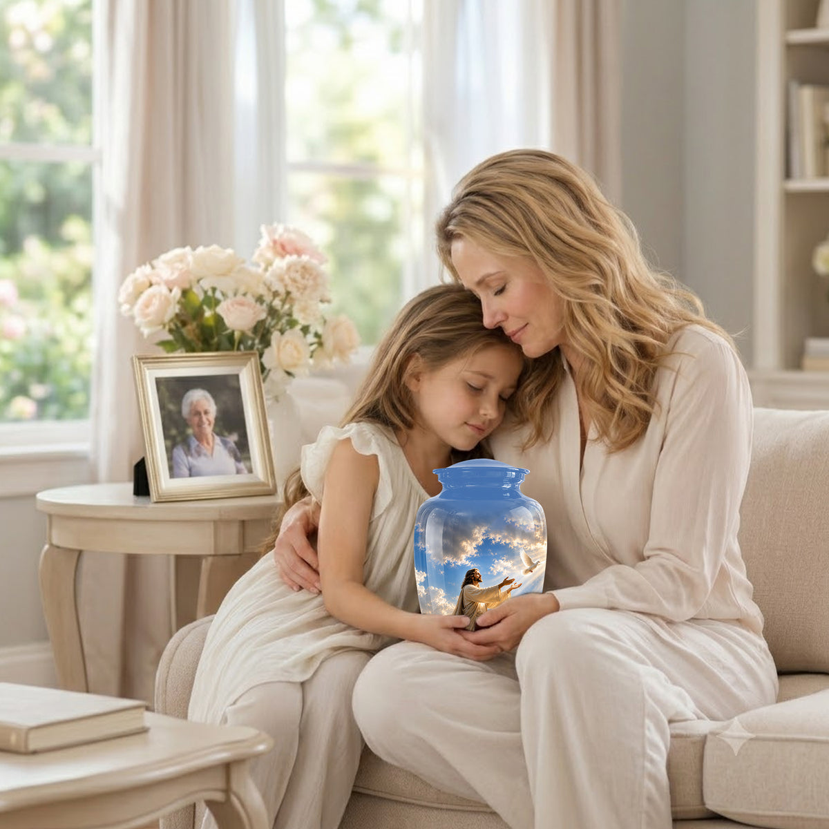 Personalized Jesus With White Dove Urn - Blue Aluminum Cremation Urns