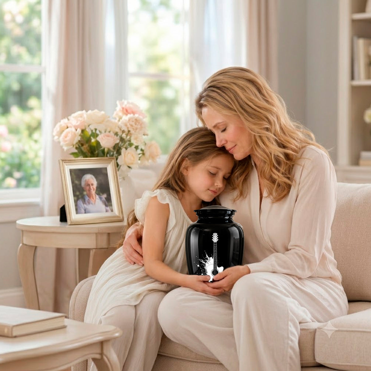 White Guitar Cremation Urn - Artistic Black Memorial Urns For Musicians