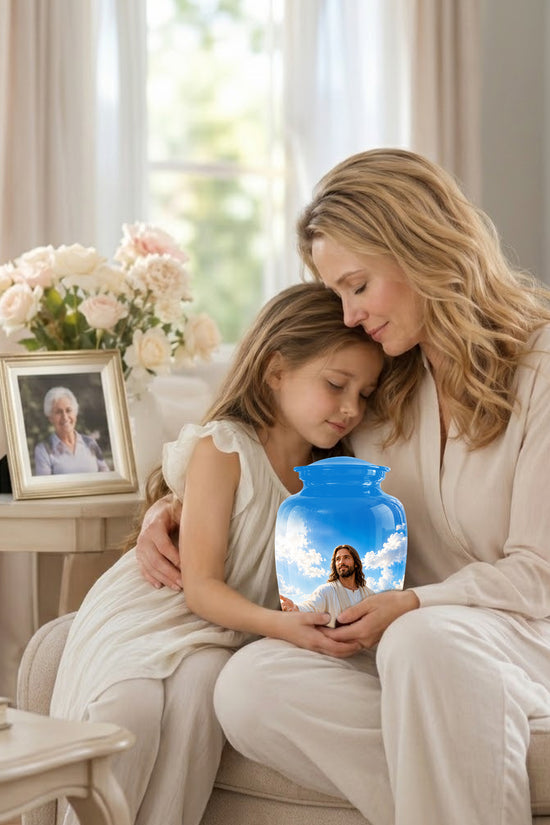 Blue Jesus Funeral Urn - Custom Aluminum Cremation Urn For Human Ashes