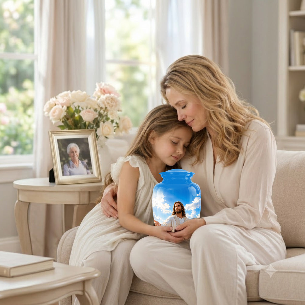 Blue Jesus Funeral Urn - Custom Aluminum Cremation Urn For Human Ashes