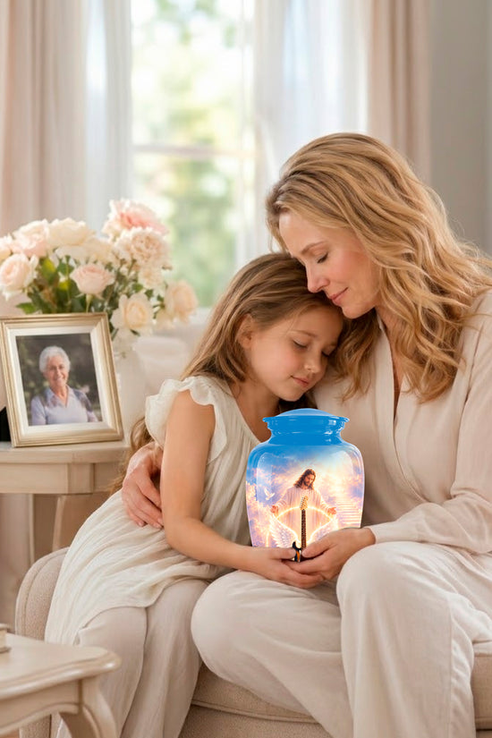 A woman and a young girl sit together on a beige sofa in a bright living room, holding a glowing blue glass jar with a printed image of Jesus. A framed photo and vase of flowers sit on a side table nearby.