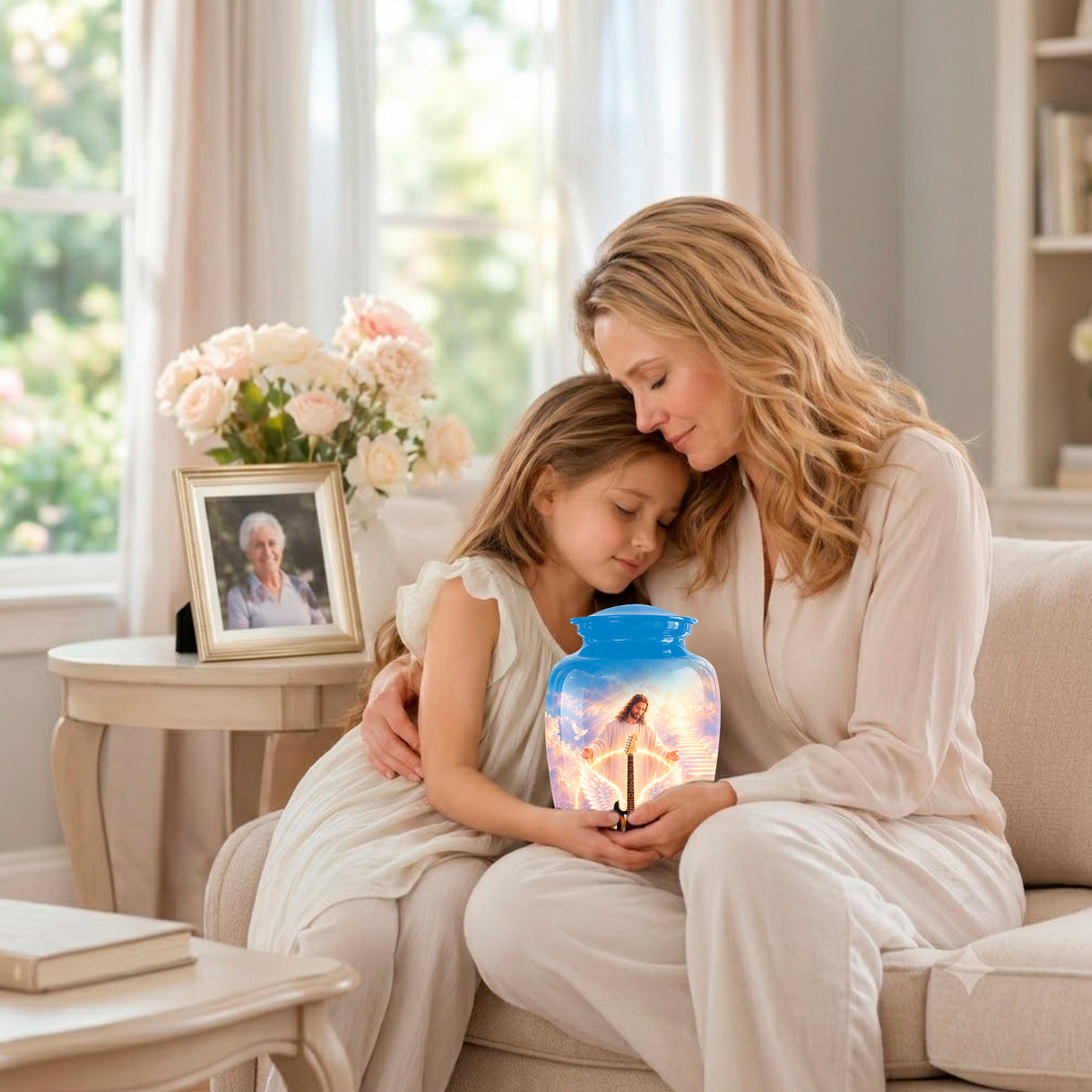 A woman and a young girl sit together on a beige sofa in a bright living room, holding a glowing blue glass jar with a printed image of Jesus. A framed photo and vase of flowers sit on a side table nearby.