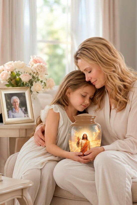 Jesus in Heavenly Clouds Memorial Urn – Personalized Religious Ashes Urn