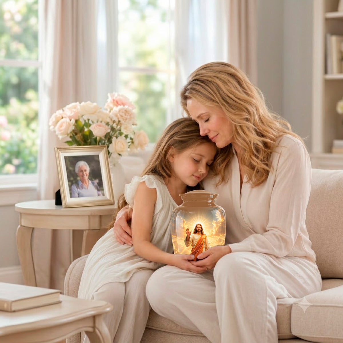 Jesus in Heavenly Clouds Memorial Urn – Personalized Religious Ashes Urn