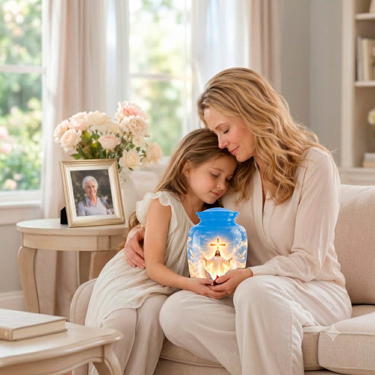 A woman and a young girl sit together on a beige sofa in a bright living room, holding a glowing blue glass jar with a printed image of Jesus. A framed photo and vase of flowers sit on a side table nearby.