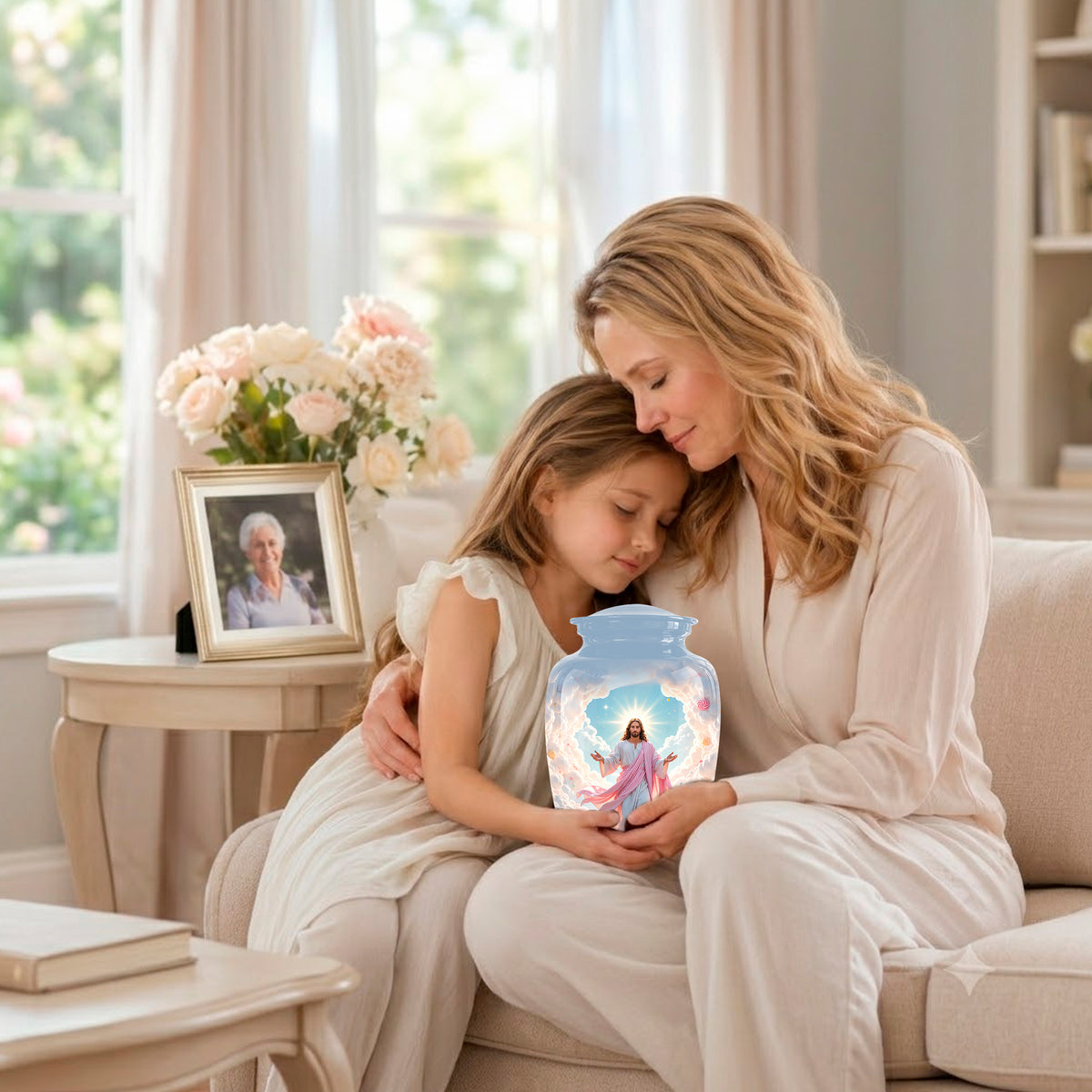 Heavenly Blue Clouds & Jesus Adult Aluminum Cremation Urn For Ashes