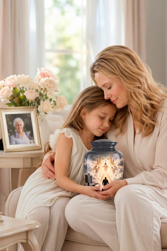 A woman and a young girl sit together on a beige sofa in a bright living room, holding a glowing decorative jar with fairy lights and miniature figures. A framed photo of an elderly woman sits on a side table nearby, and soft pink flowers are visible in the background.