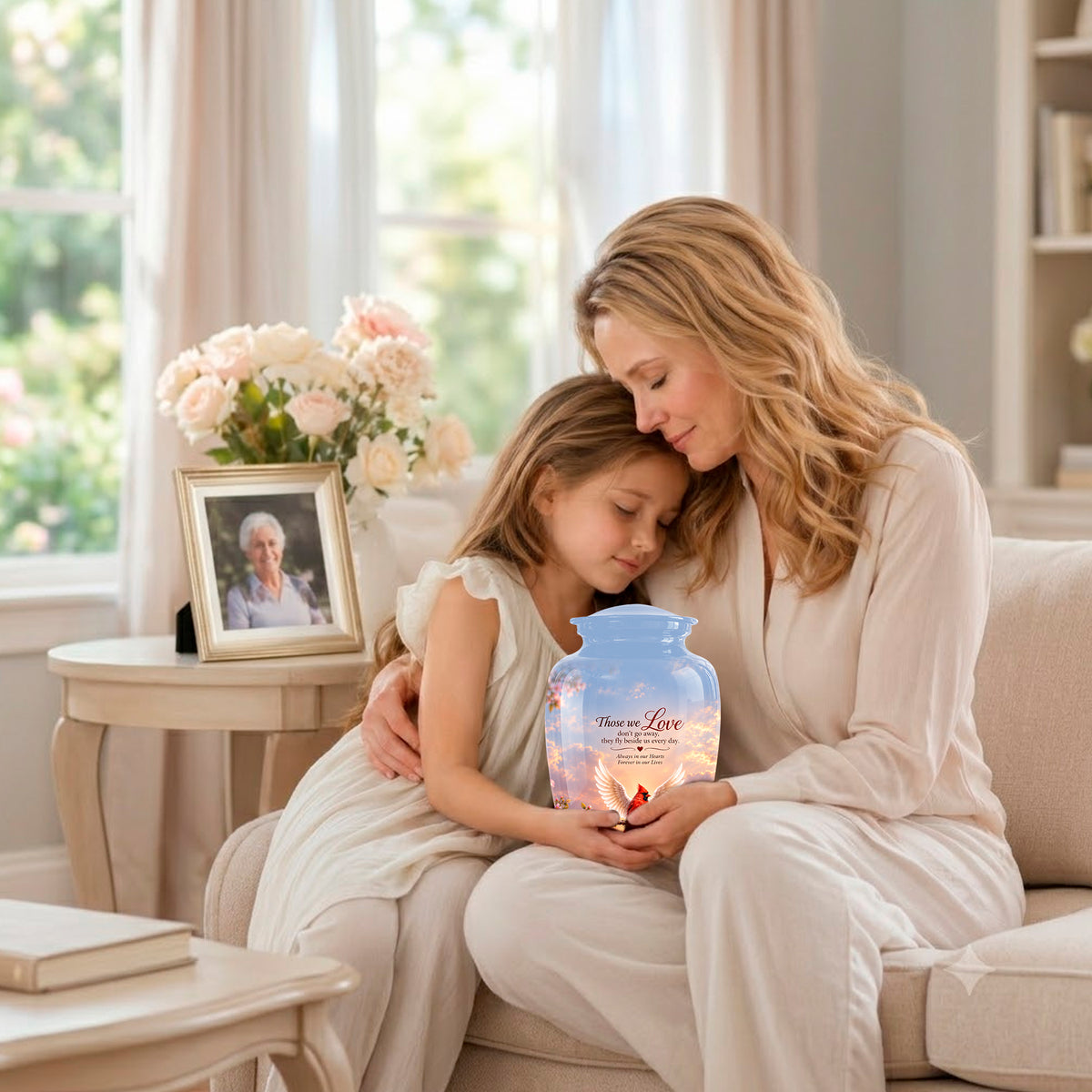 A woman and a young girl sit together on a beige sofa in a bright living room, holding a glowing personalized urn. The urn is light blue with a sunset illustration and the words 'You Are Loved' and 'Love, Mom'.