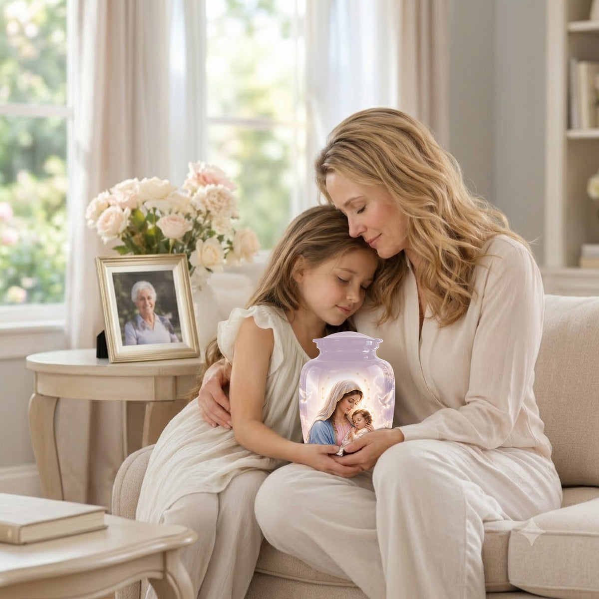 Heavenly Angel Mom With Child Urn - Purple Aluminum Urn For Women Ashes
