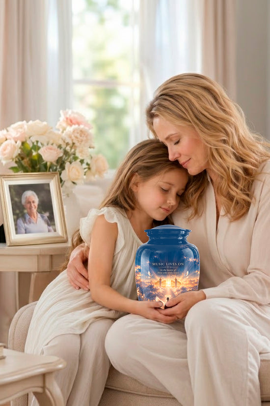 A woman and a young girl sit together on a beige sofa in a bright living room, holding a blue memorial urn with a glowing flame inside. A framed photo of an elderly woman and a vase of pink flowers sit on a side table nearby.