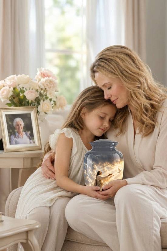 Jesus With Flying Dove Cremation Urn - Beautiful Sunrays Theme Urn For Ashes