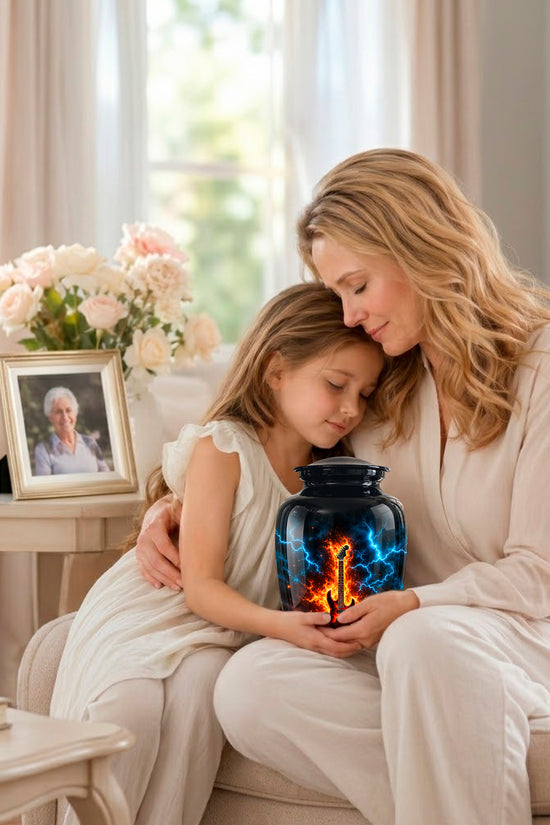 A woman and a young girl sit together on a beige sofa in a bright living room, holding a dark glass jar that glows with a blue and orange flame-like pattern. A framed photo and flowers sit on a side table nearby.