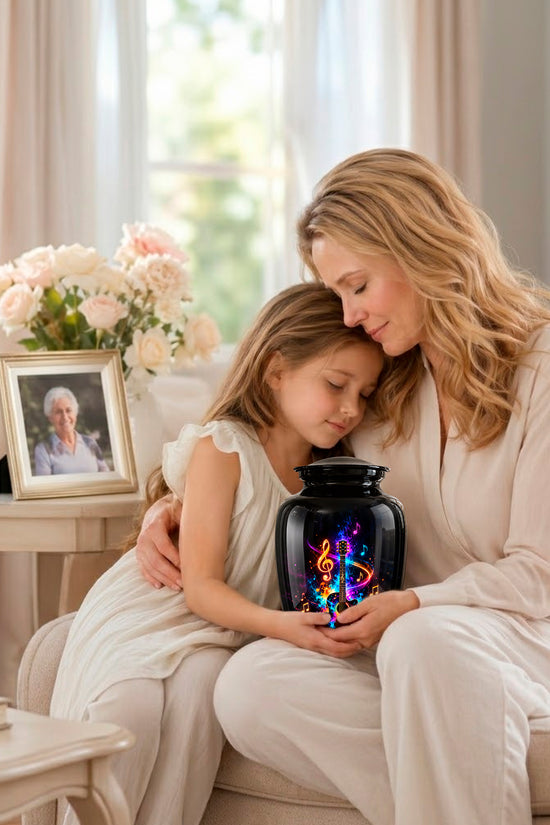 Black cremation urn with a colorful neon guitar and musical note design, shown on a tabletop with a blurred living room background. The image includes a 3-inch height marker, a close-up inset of the secure threaded lid, and a close-up inset of the printed design.
