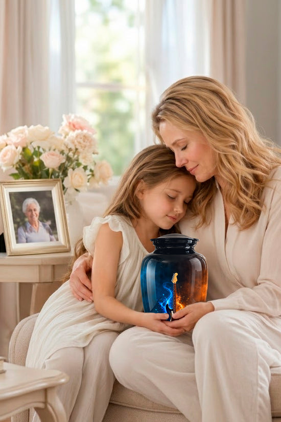 A woman and a young girl sit together on a light beige sofa in a bright living room, holding a dark blue glass jar with a warm orange flame inside. A framed photo and a vase of pink flowers sit on a side table nearby.