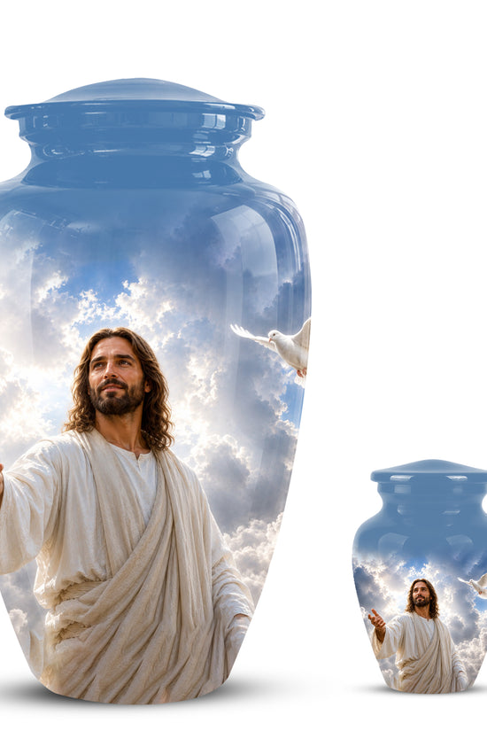 Personalized Jesus Cremation Urn - Blue Aluminum Urn For Spiritual Humans