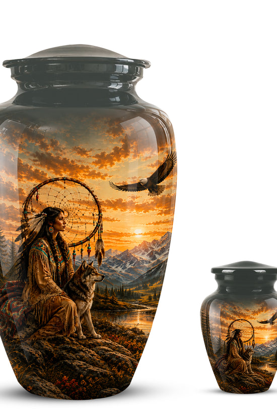 Native American Woman & Flying Eagle – Sunset Wolf Memorial Ashes Urn