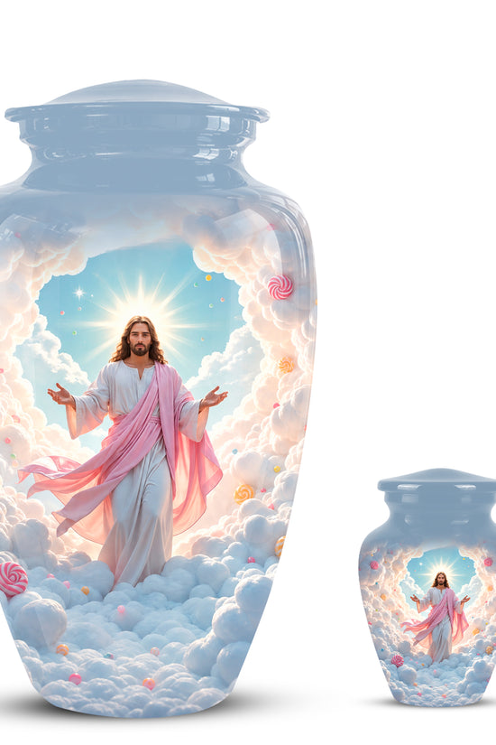 Heavenly Blue Clouds & Jesus Adult Aluminum Cremation Urn For Ashes