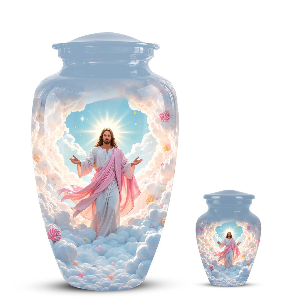 Heavenly Blue Clouds & Jesus Adult Aluminum Cremation Urn For Ashes