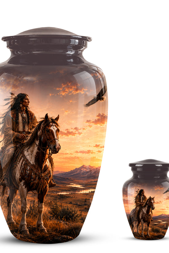 Personalized Native American Horse Rider Aluminum Cremation Ashes Urn