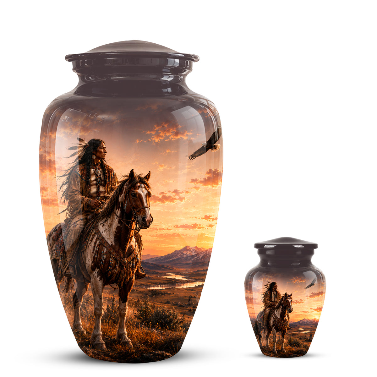 Personalized Native American Horse Rider Aluminum Cremation Ashes Urn