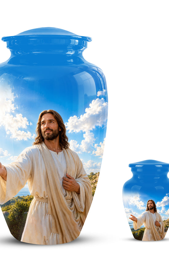 Blue Jesus Funeral Urn - Custom Aluminum Cremation Urn For Human Ashes