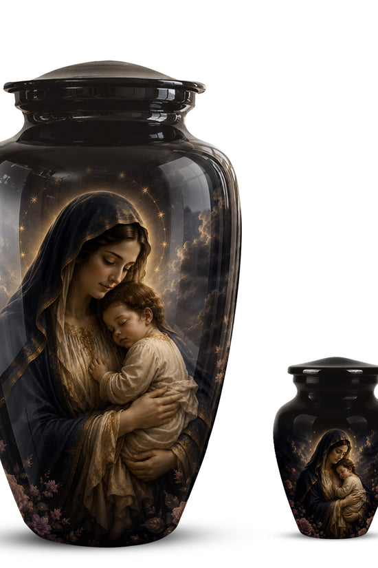 Virgin Mary With Baby Jesus Urn - Personalized Black Cremation Urn For Ashes