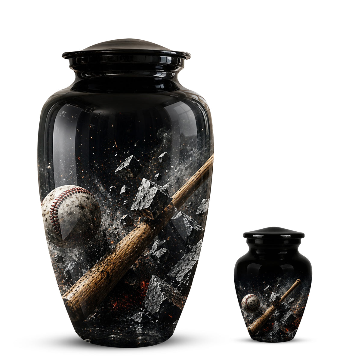 Baseball Bat Shattering Stone Urn - Custom Black Funeral Urns For Ashes