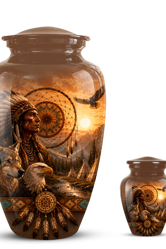 Native American Man, Eagle & Wolf Custom Memorial Urn For Human Ashes