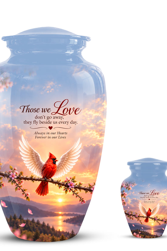 Red Cardinal Bird With Angel Wings Urn - Custom Quotes Aluminum Memorial Urns