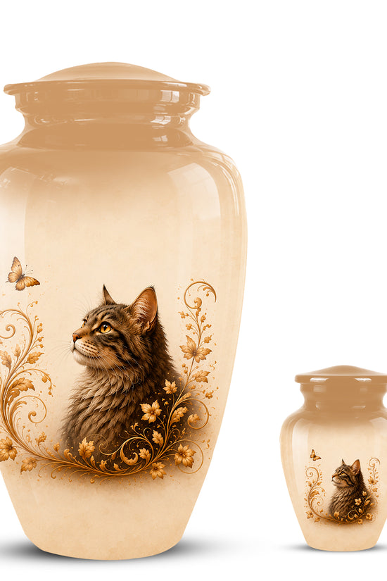 Custom Brown Memorial Cat Urn – Floral Aluminum Pet Ashes Cremation Urn