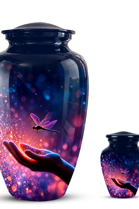 Blue Serene Dragonfly Cremation Urn - Majestic Human Hand Ashes Container