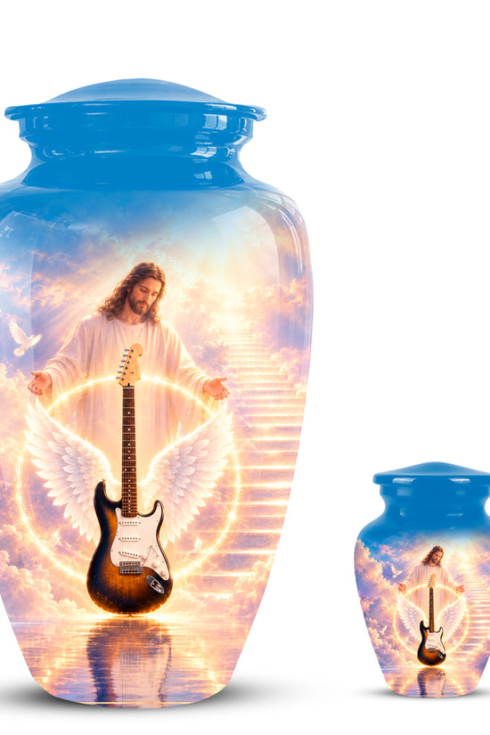 Custom Guitar Aluminum Memorial Urn - Angel Wing & Jesus Urns For Ashes