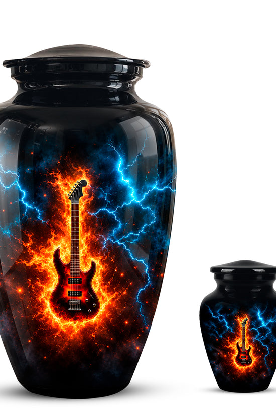 Majestic Thunder & Fire Guitar Cremation Urn - Black Funeral Urns For Ashes