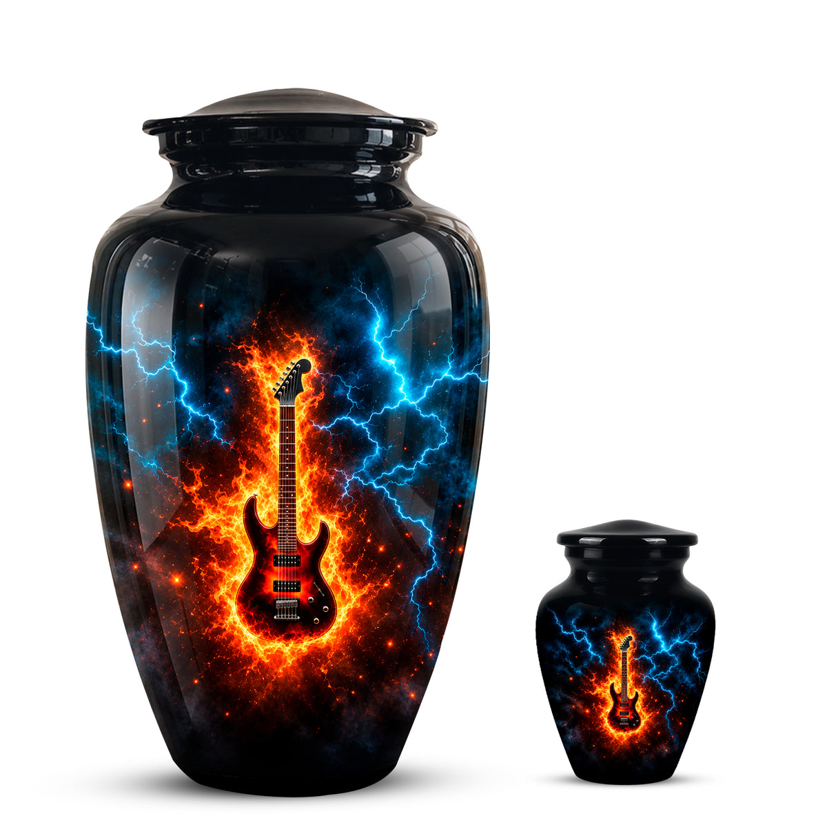 Majestic Thunder & Fire Guitar Cremation Urn - Black Funeral Urns For Ashes
