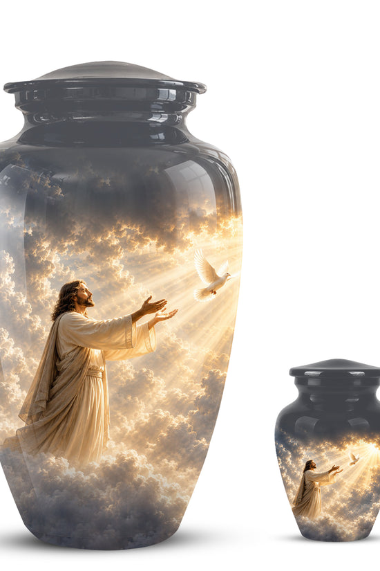Jesus With Flying Dove Cremation Urn - Beautiful Sunrays Theme Urn For Ashes