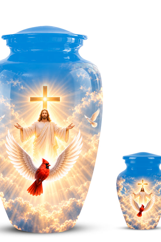 Christian Memorial Urn with Jesus & Cardinal - Heavenly Cremation Ashes Urn