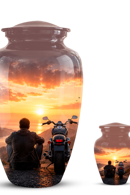 Peaceful Sunset Motorcycle Cremation Urn – Handcrafted Tribute to Biker Ashes