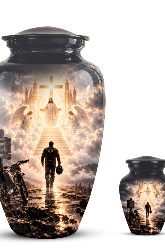 Bike Rider In Heaven Memorial Urn - Jesus & Angels Heaven Stairs Urns