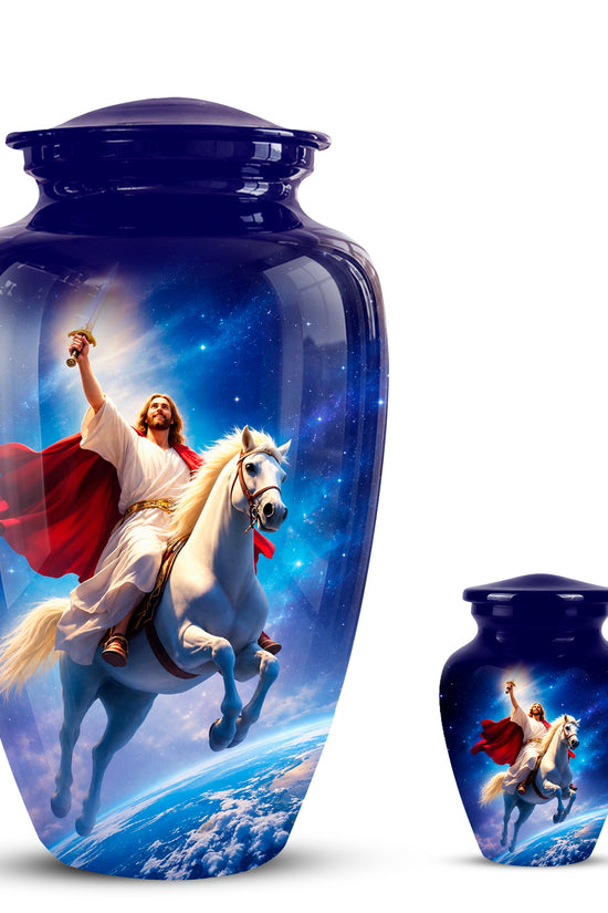 Divine Jesus & Horse Galaxy Aluminum Urn for Spiritual Human Ashes