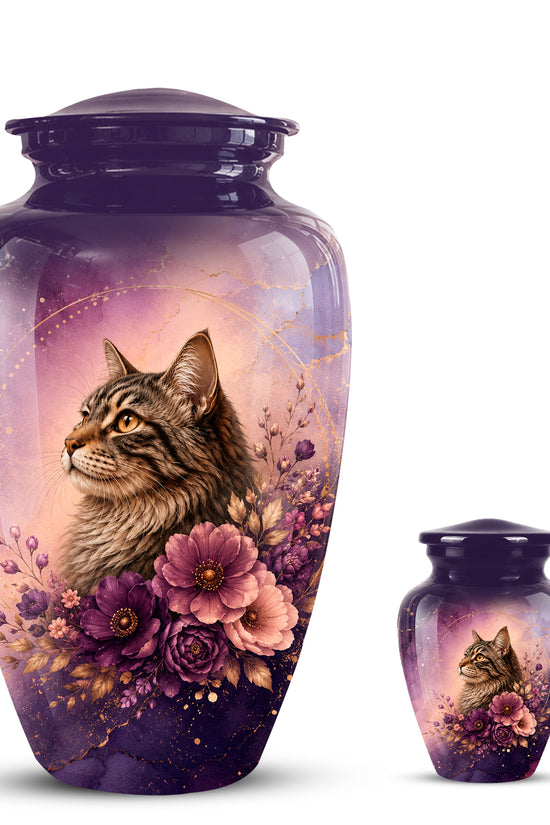 Floral Cat Memorial Urn – Personalized Purple Aluminum Ashes Urn For Ashes