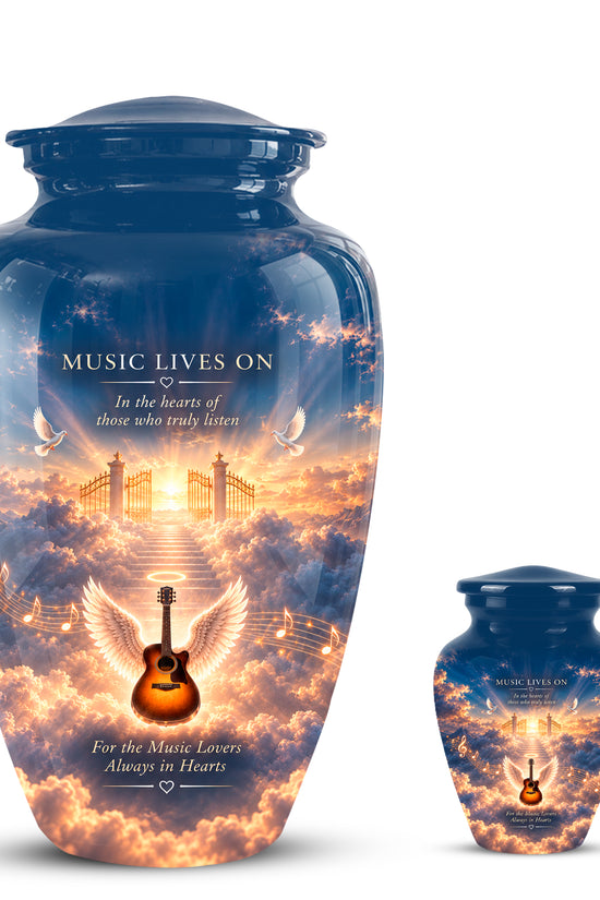 Angel Wings & Guitar Tribute Funeral Urn - Sunset Heaven Gate & Stairs Memorial Urn