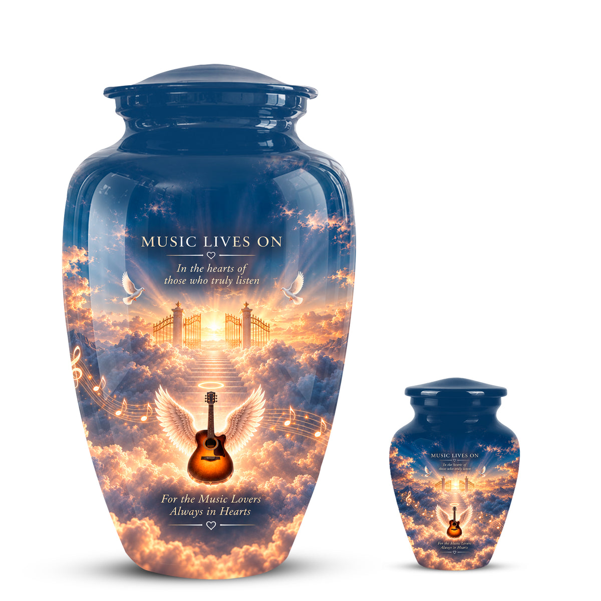 Angel Wings & Guitar Tribute Funeral Urn - Sunset Heaven Gate & Stairs Memorial Urn